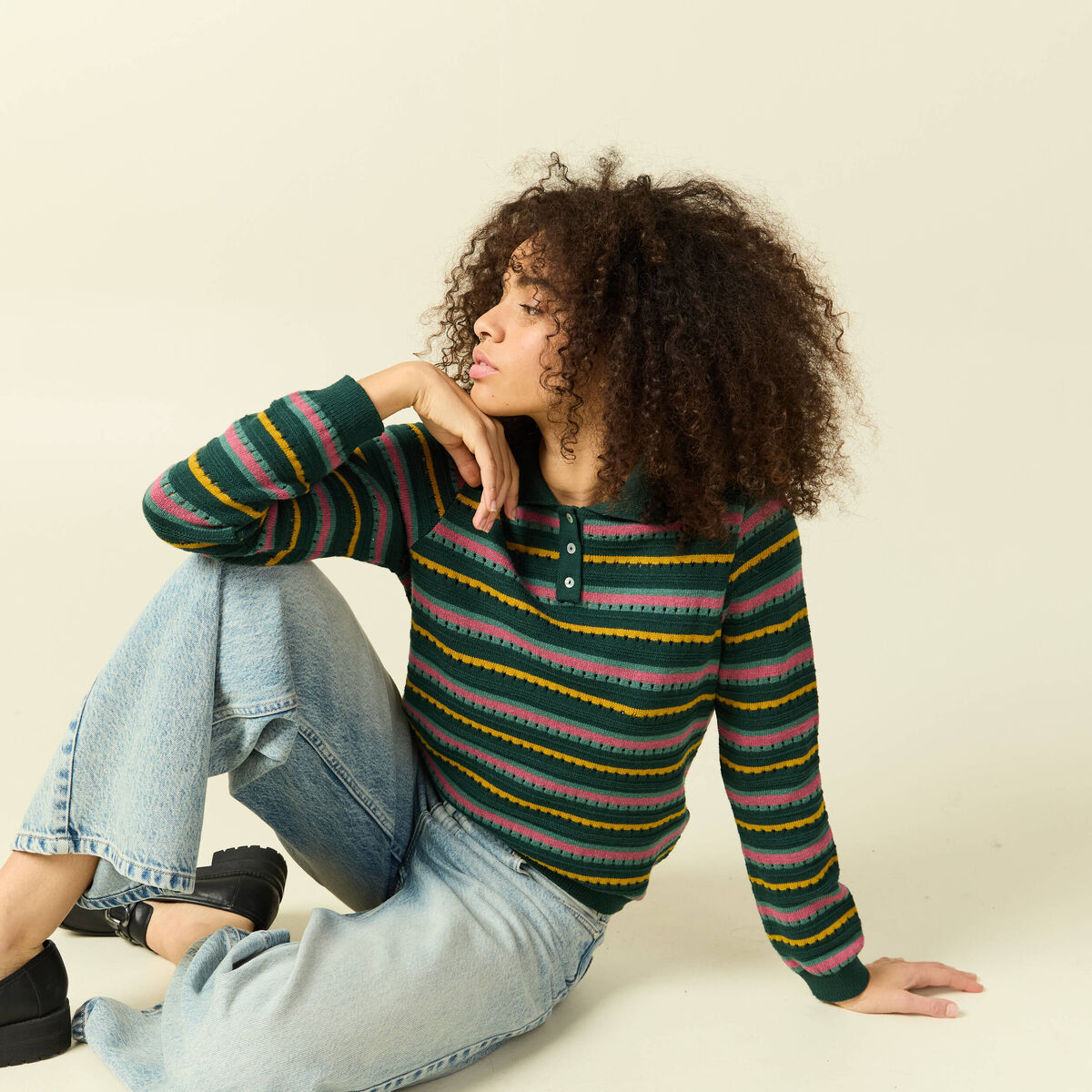 Pull col polo manches longues vert fonc&eacute; femme