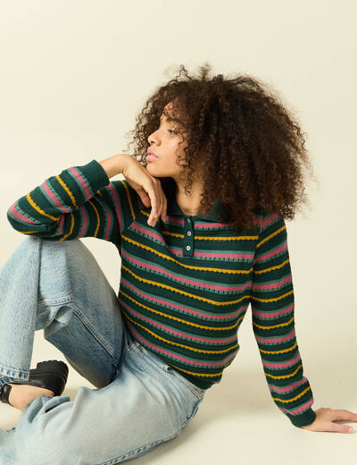 Pull col polo manches longues vert fonc&eacute; femme