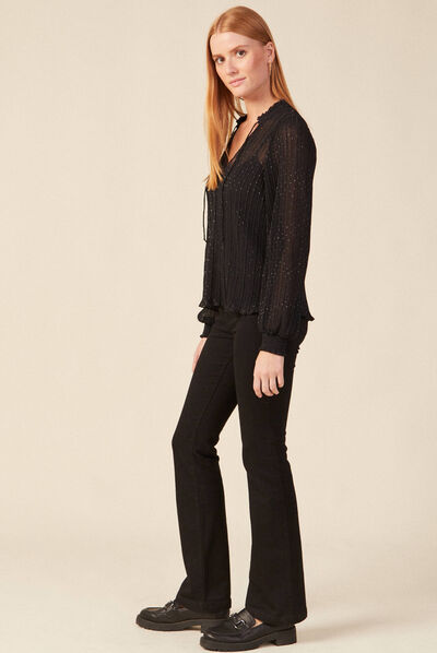 Blouse manches longues plissée noir femme