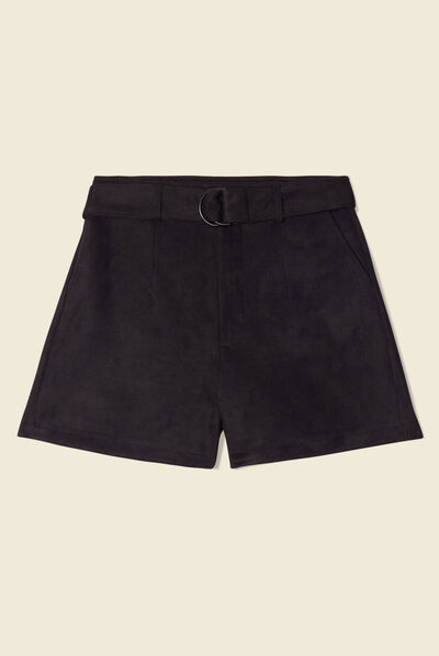 Short droit ceinturé suédine noir femme