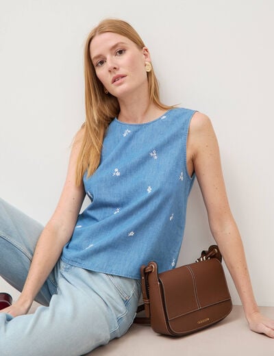 Top en jeans sans manches col rond bleu clair femme