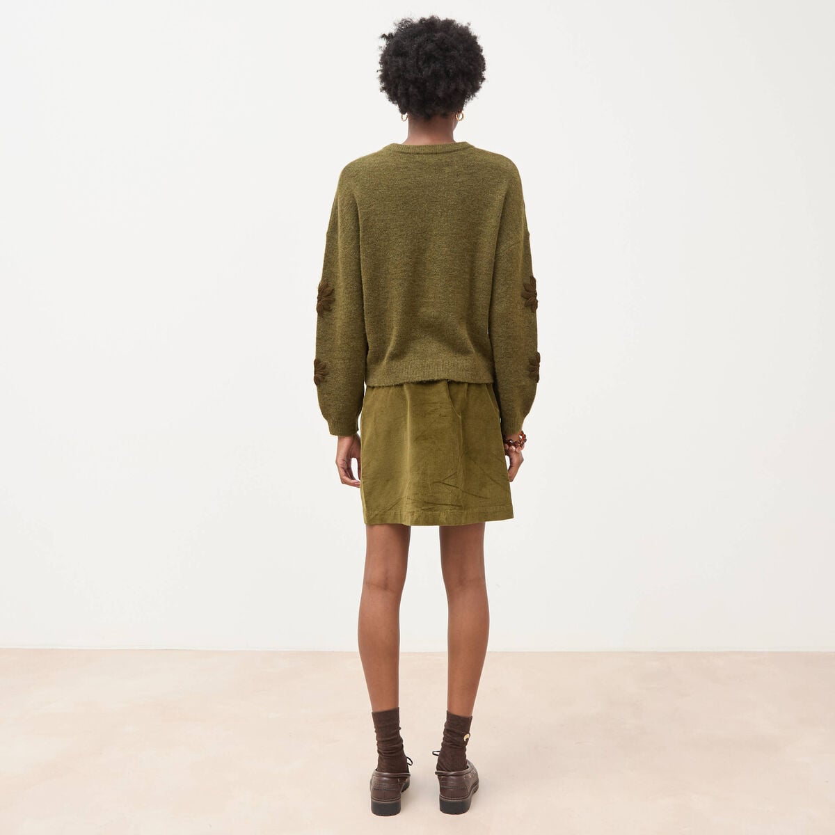 Pull manches longues col rond vert olive femme