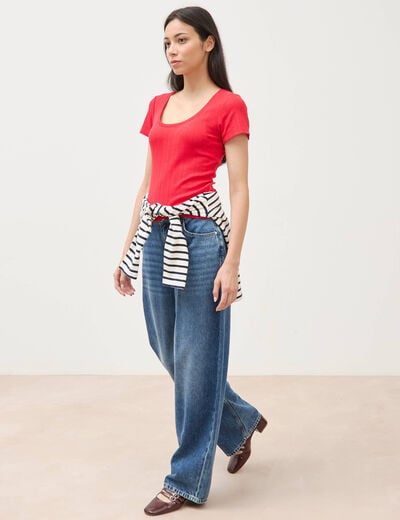 T-shirt ajust&eacute; col rond manches courtes rouge femme