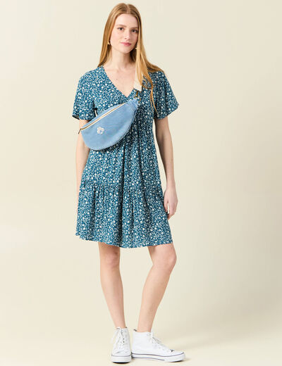 Robe évasée manches courtes bleu femme