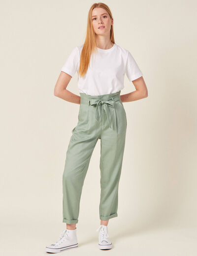 Pantalon carotte ceinturé vert olive femme