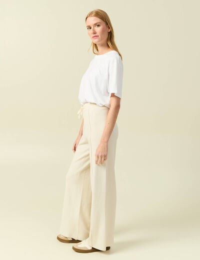 Pantalon large taille haute en maille creme femme