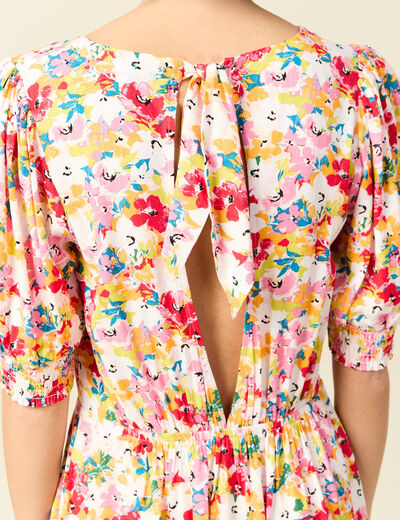 Robe fluide col v manches courtes rose framboise femme