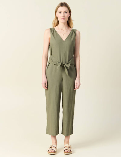 Combinaison pantalon col en V vert kaki femme