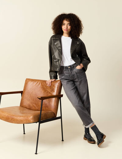 Pantalon mom taille haute 7/8ème denim denim gris femme