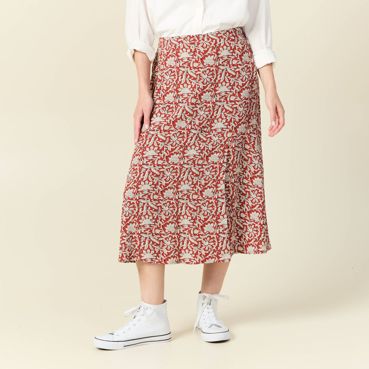 Jupe midi droite fluide bleu gris femme