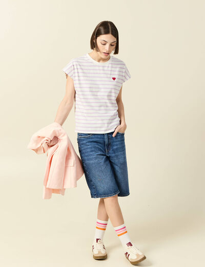 Bermuda large taille haute en coton denim stone femme