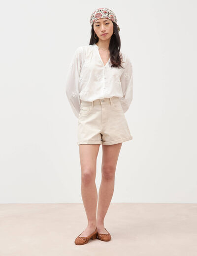 Short mom taille haute denim blanc femme