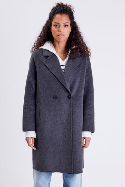 Manteau droit ample boutonné gris foncé femme
