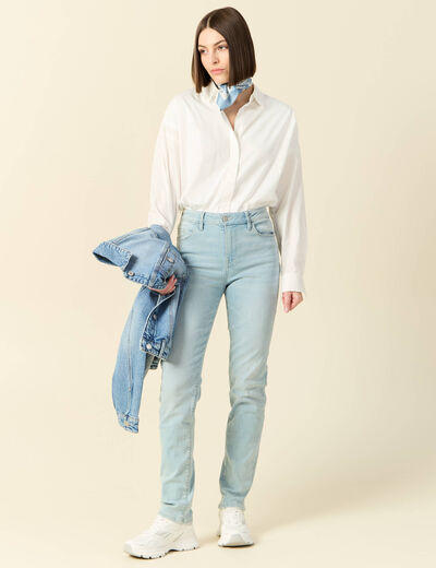 Jeans slim taille haute denim bleach femme
