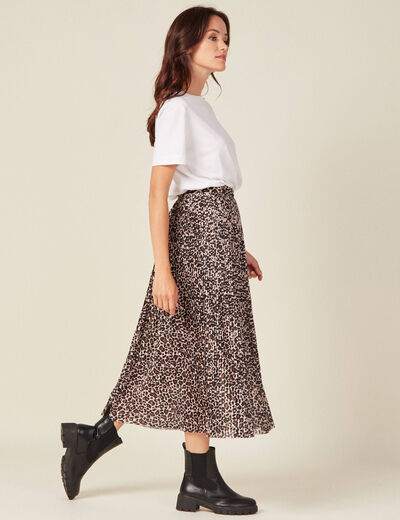 Jupe longue évasée plissée marron clair femme