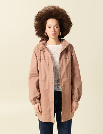 Parka longue droite d&eacute;perlante &agrave; capuche marron clair femme