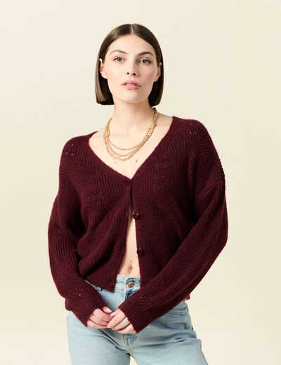 Gilet ajouré col V manches longues bordeaux femme
