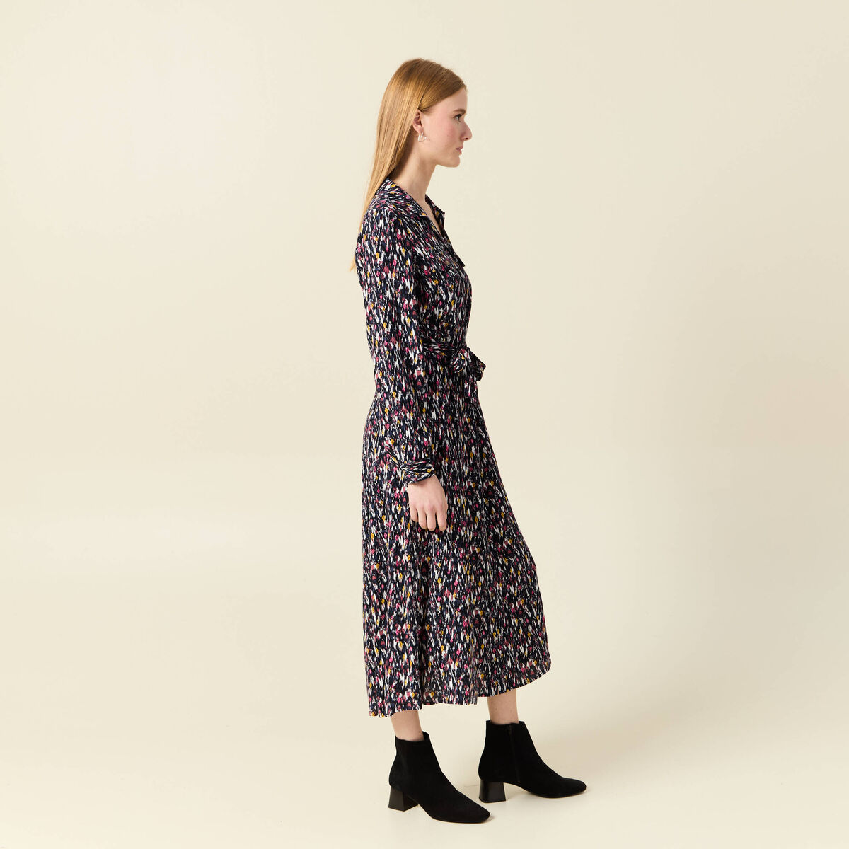 Robe chemise longue évasée bleu marine femme