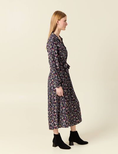 Robe chemise longue évasée bleu marine femme