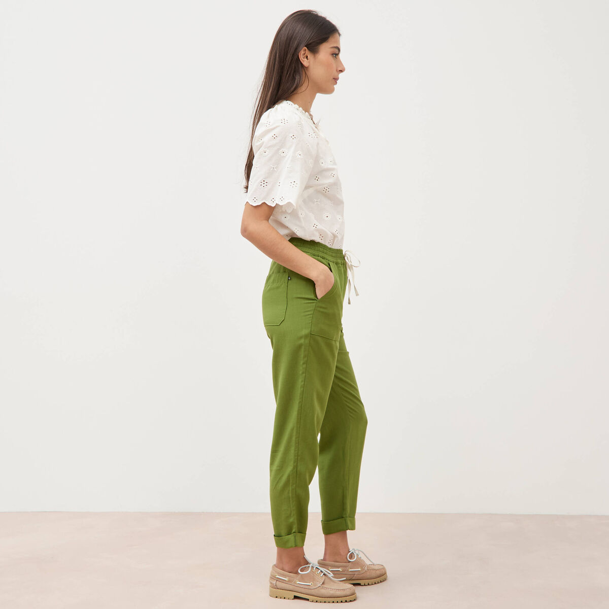 Pantalon taille standard vert olive femme