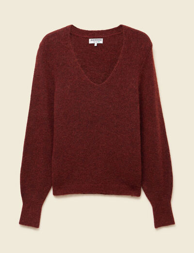 Pull col V manches longues orange fonc&eacute; femme
