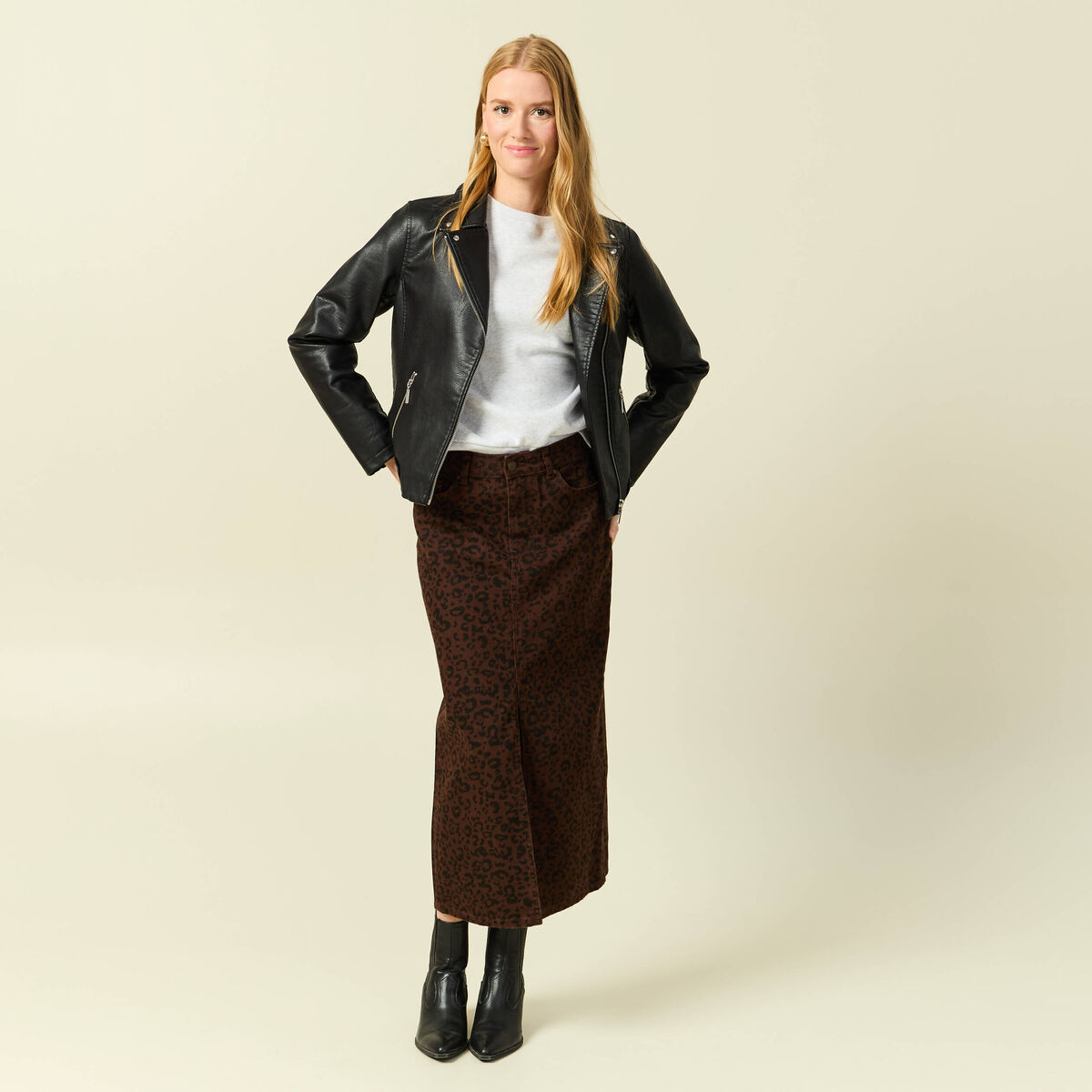Jupe droite longue en coton marron cognac femme