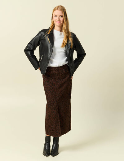 Jupe droite longue en coton marron cognac femme