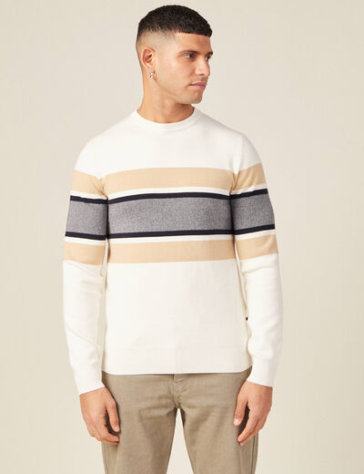 Pull fin col rond manches longues ecru homme