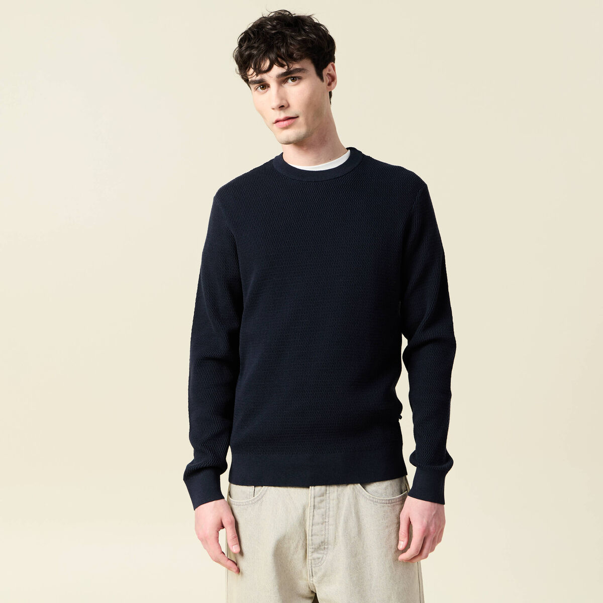 Pull droit manches longues bleu marine homme