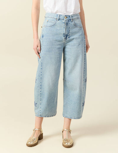 Jeans slouchy brodé 7/8ème denim bleach femme