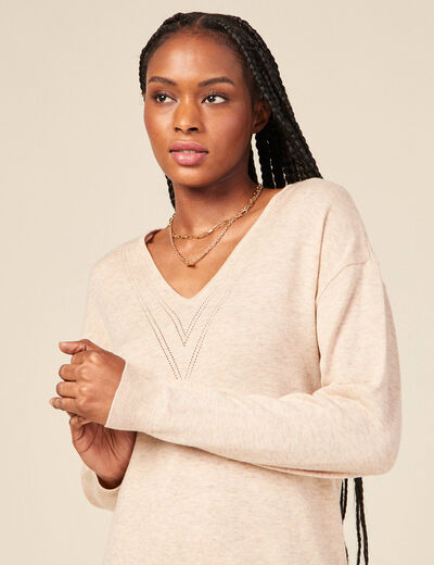 Robe cintr&eacute;e col v manches 3/4 creme femme
