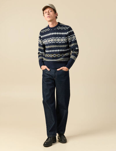 Pull manches longues col rond bleu marine homme