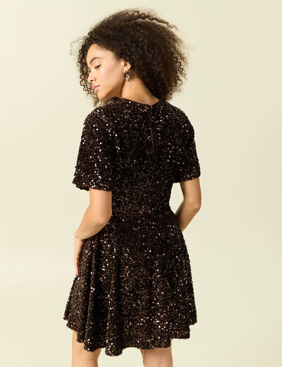 Robe manches courtes &agrave; sequins marron femme