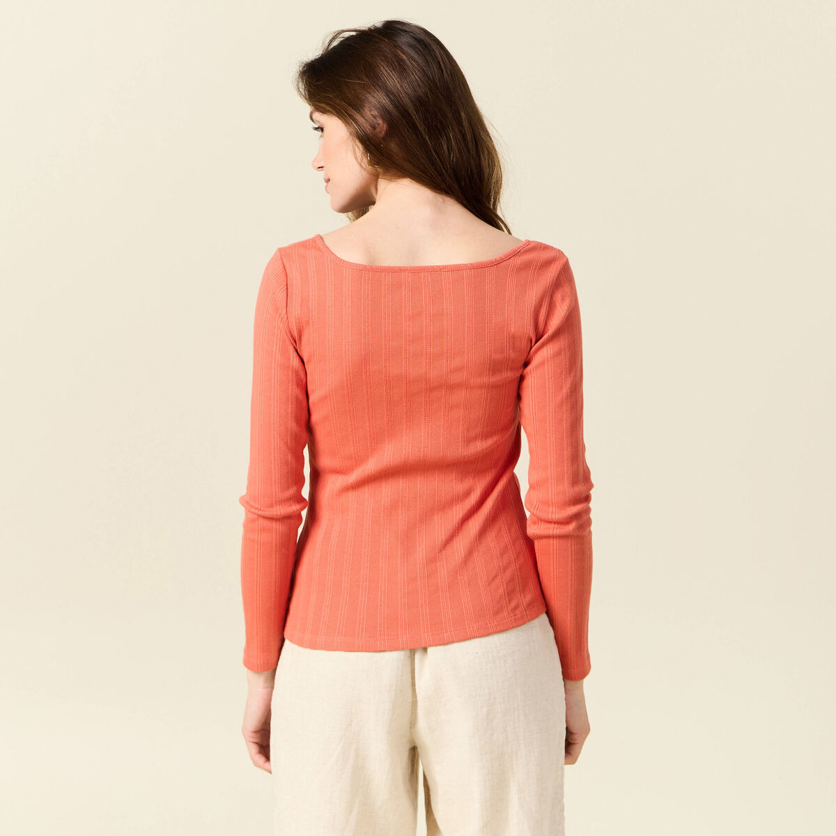 T-shirt col rond drapeau brodé - Orange corail - - nu