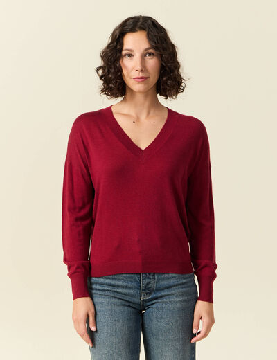 Pull fin col V manches longues rouge femme
