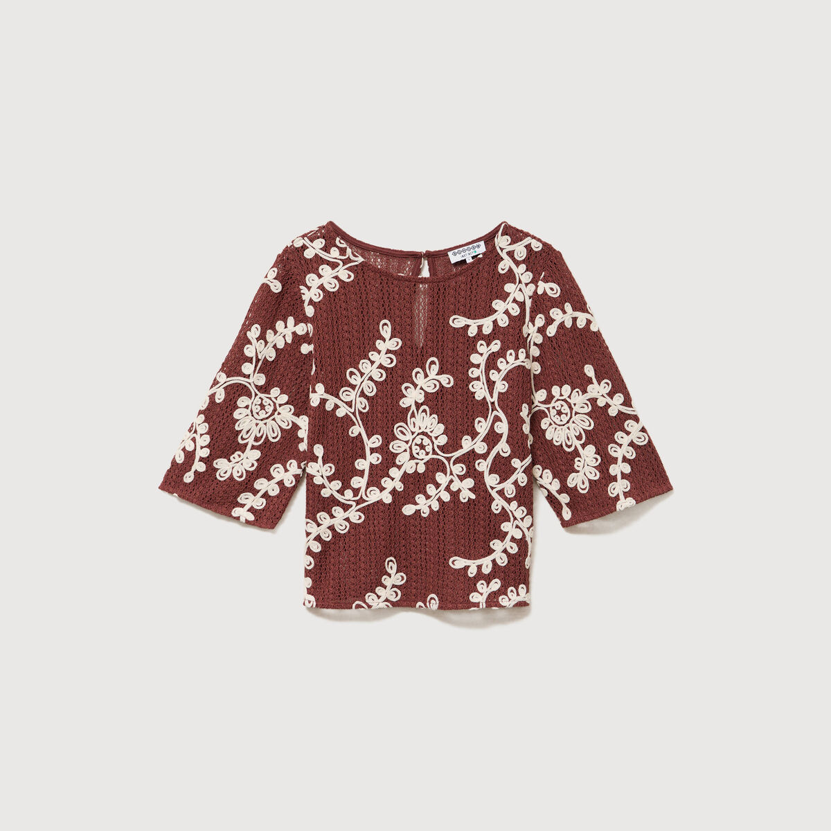 T-shirt brod&eacute; col rond manches 3/4 marron cognac femme