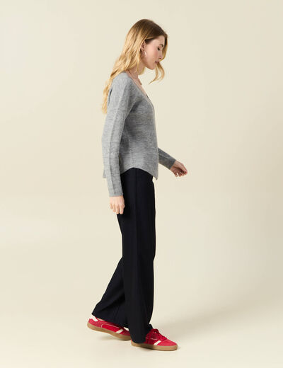 Pull manches longues col en V gris clair femme