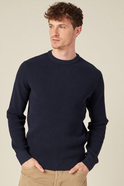 Pull manches longues col rond bleu foncé homme