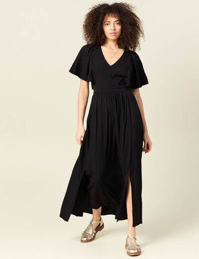 Robe longue évasée fluide noir femme