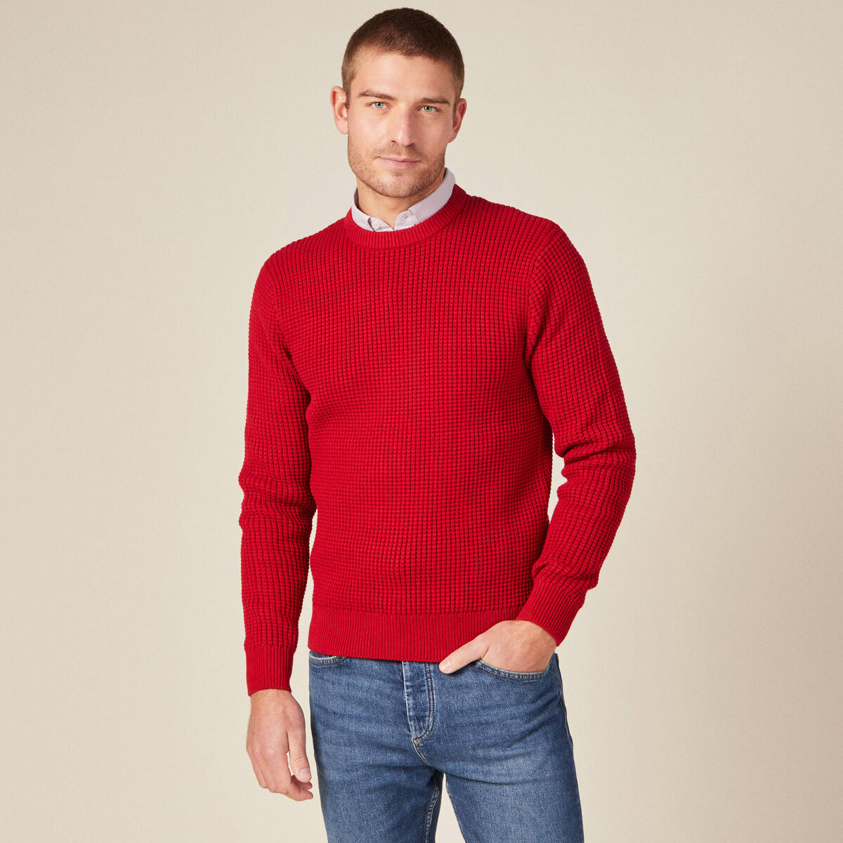 Pull manches longues col rond rouge fonc&eacute; homme