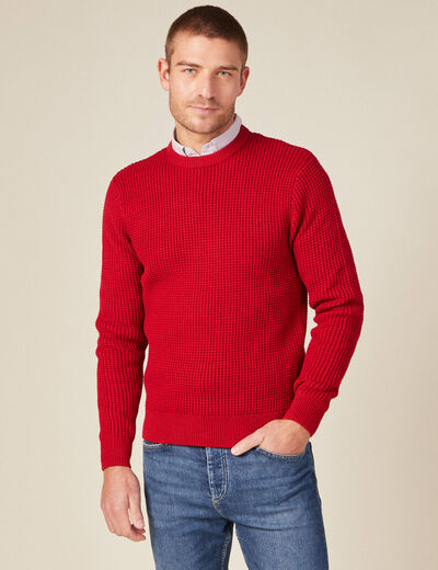 Pull manches longues col rond rouge fonc&eacute; homme