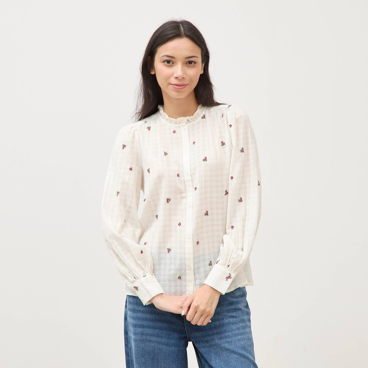 Chemise manches longues en coton brod&eacute;e blanc femme