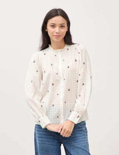Chemise manches longues en coton brod&eacute;e blanc femme
