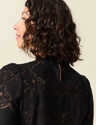 Blouse cintr&eacute;e dentelle manches longues noir femme