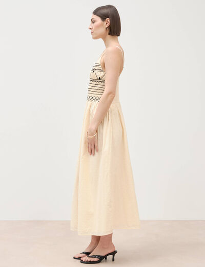 Robe col v &agrave; bretelles en coton creme femme
