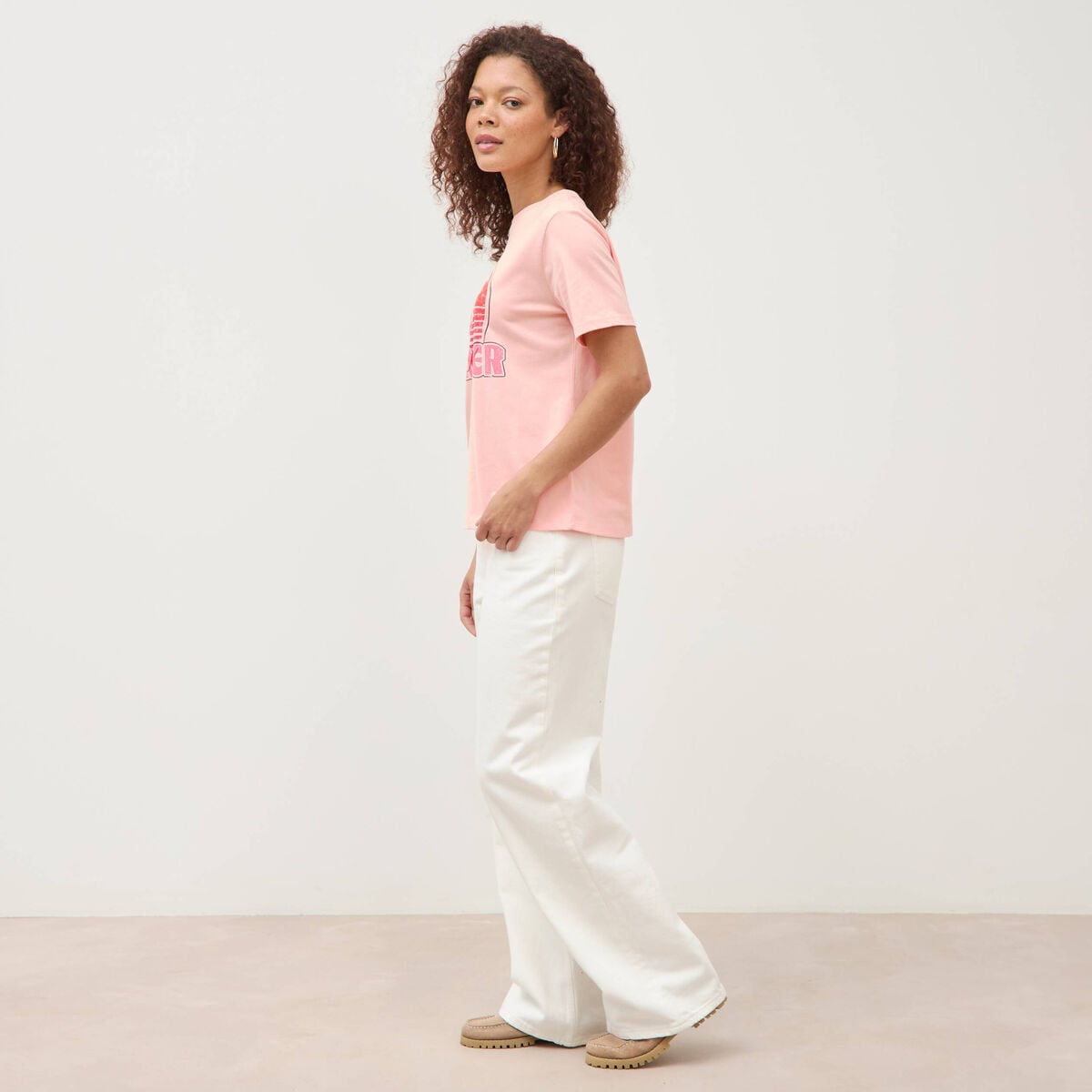T-shirt droit col rond manches courtes rose saumon femme