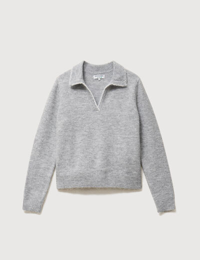 Pull droit col polo manches longues gris femme