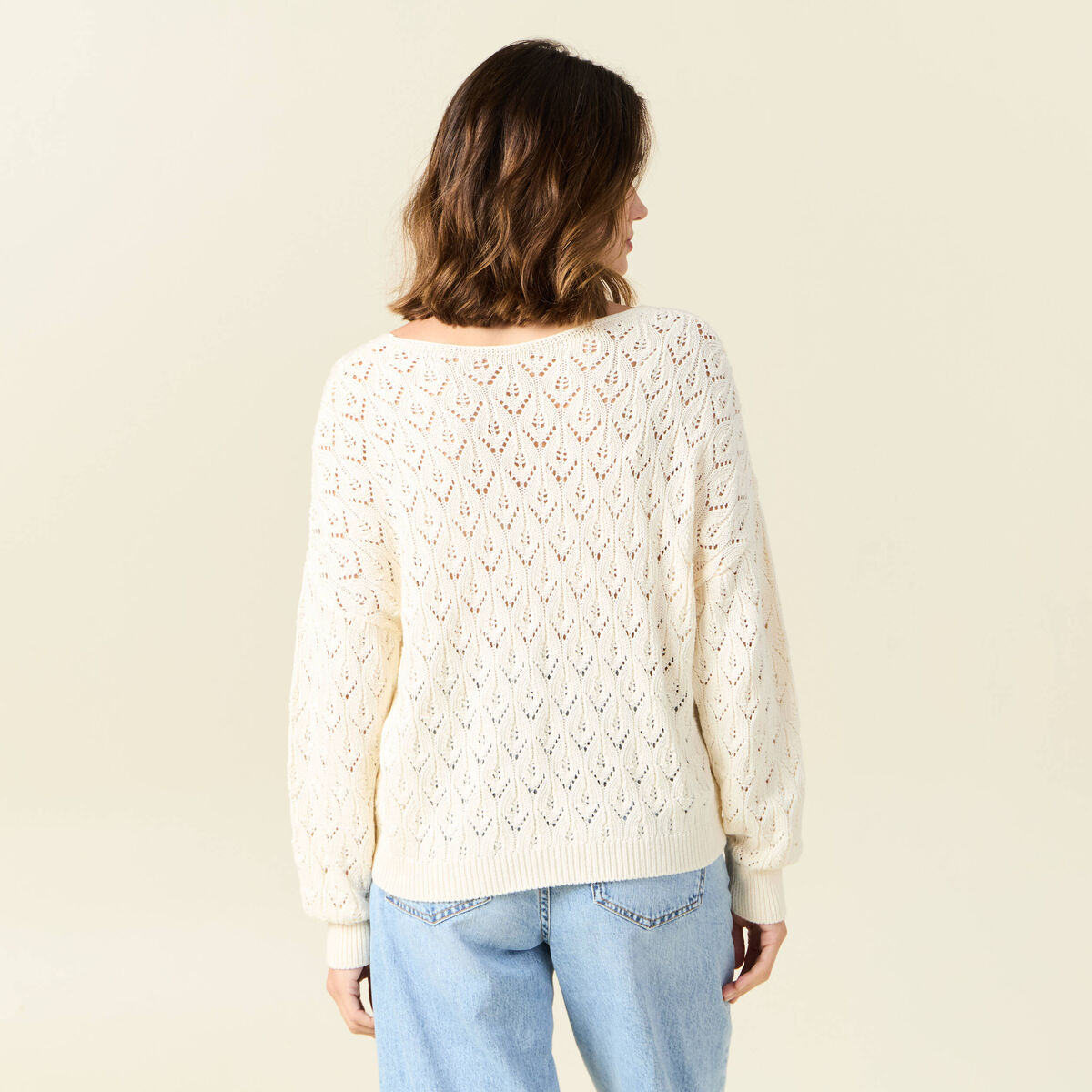 Pull manches longues ajouré creme femme