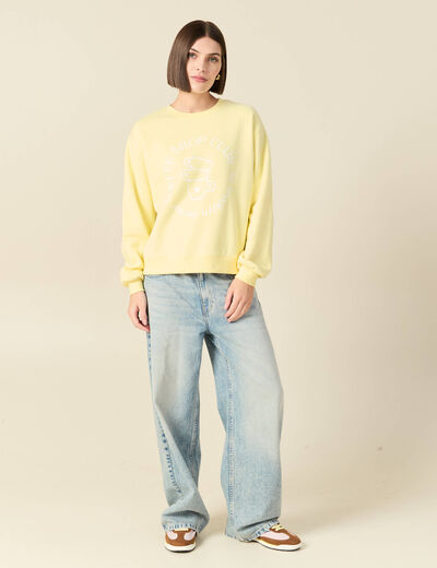 Sweat droit court manches longues jaune pastel femme