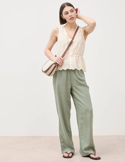 Top col v sans manches en coton creme femme